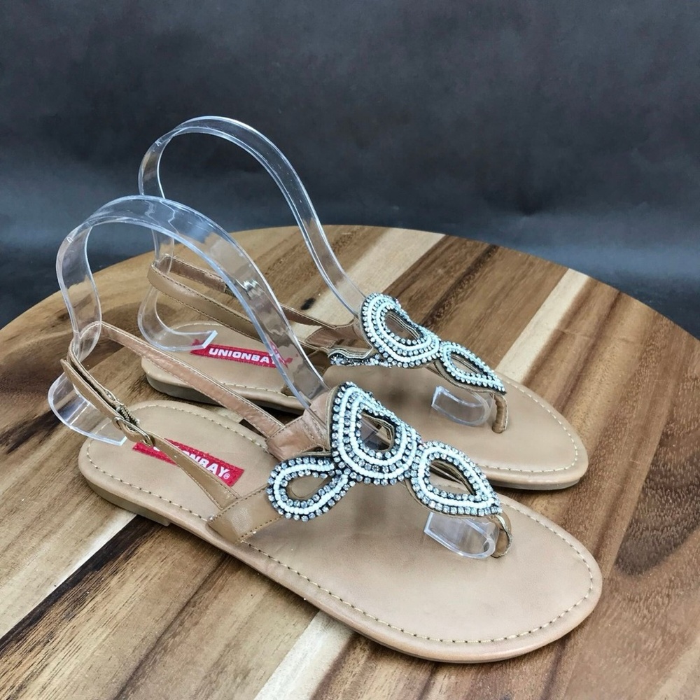 Unionbay Women's Tan Sandals with Beaded Design Ankle Strap Buckle Size 6 Used
